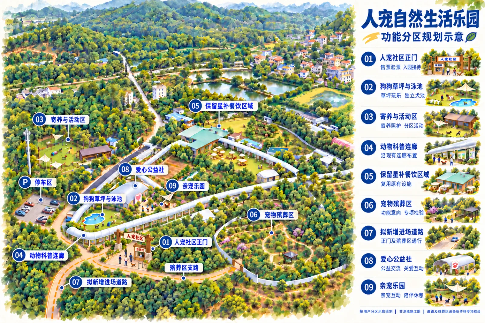 人宠自然生活乐园功能分区规划示意